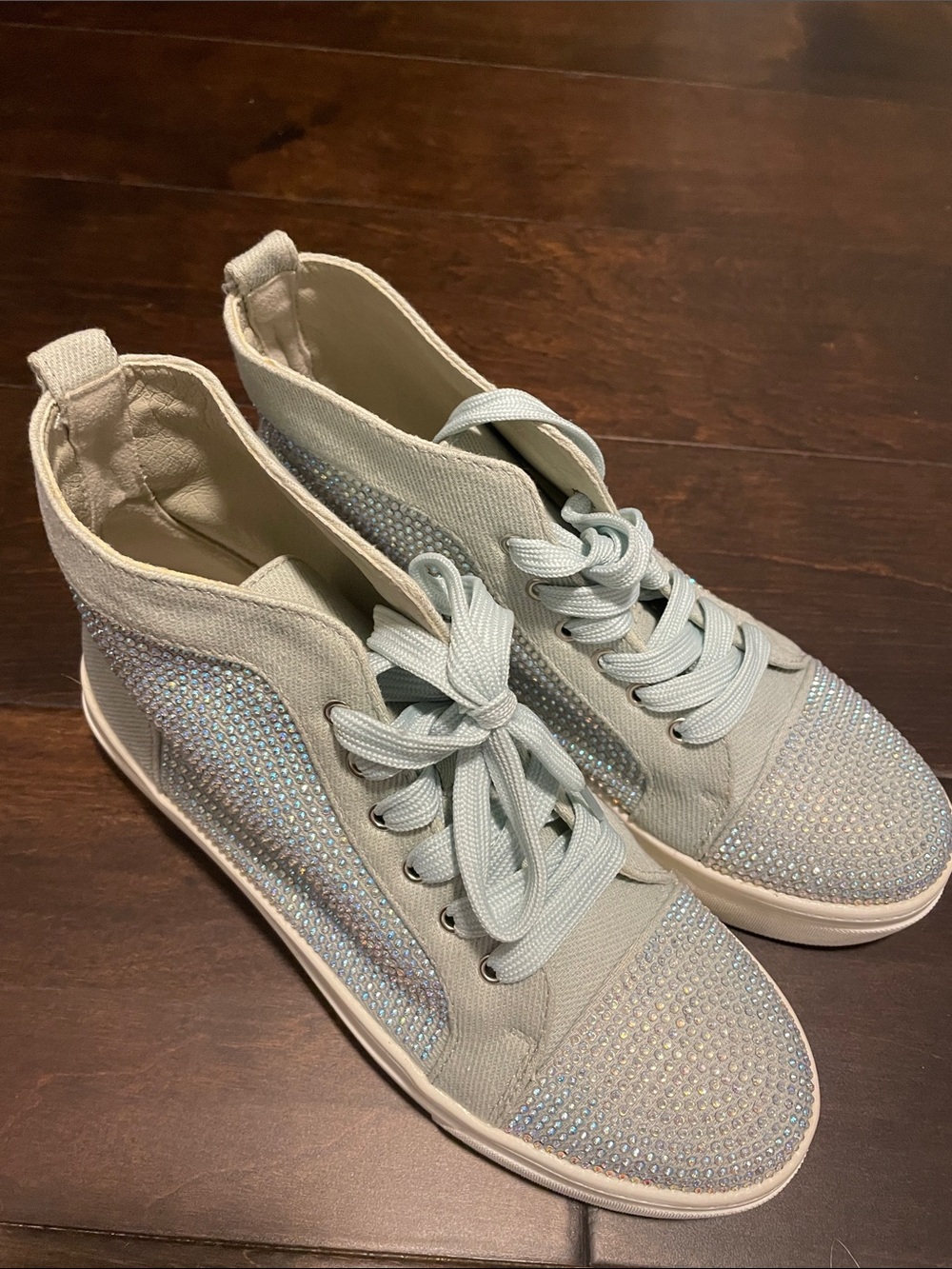 Woven Light Blue Rhinestone High-Top Lace-Up Sneakers like new Azalea Wang